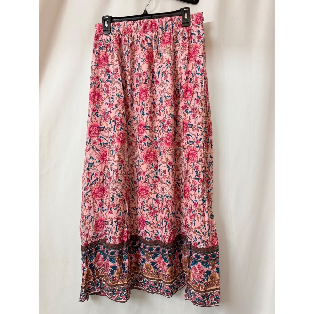 Time Women Pink Floral Viscose Elastic Waist Boho Floral Maxi Skirt XL NWT